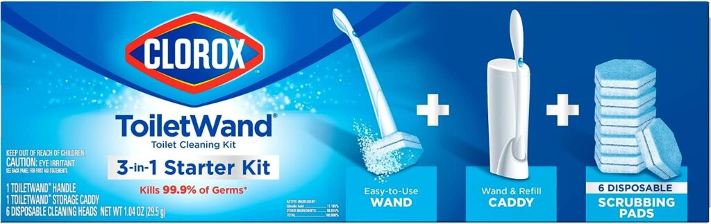 Clorox ToiletWand Disposable Toilet Cleaning Kit, Toilet Brush, Toilet and Bathroom Cleaning System with Storage Caddy and 6 Disinfecting ToiletWand Refill Heads (Package May Vary)