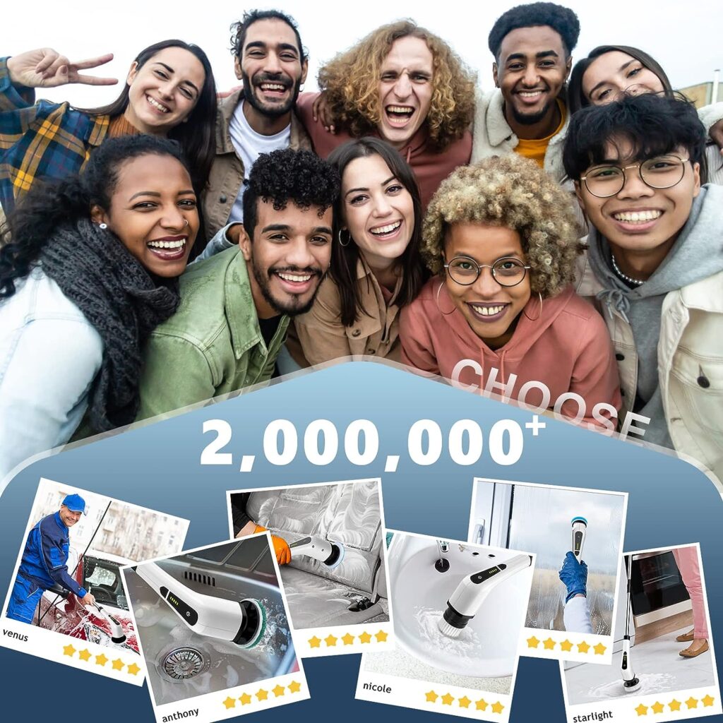 Cordless Electric Spin Scrubber,Cleaning Brush Scrubber for Home, 400RPM/Mins-8 Replaceable Brush Heads-90Mins Work Time,3 Adjustable Size,2 Adjustable Speeds for Bathroom Shower Bathtub Glass Car