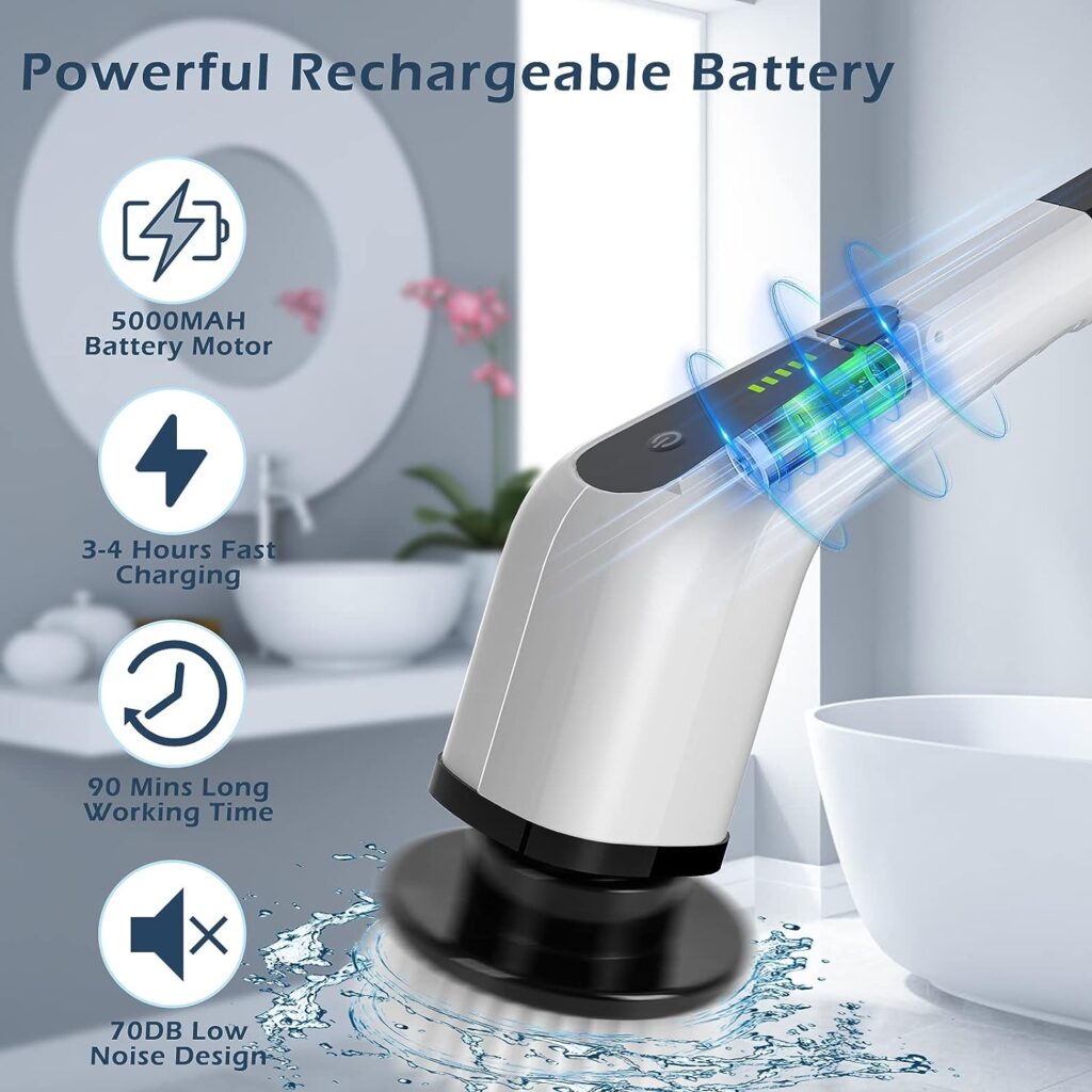Cordless Electric Spin Scrubber,Cleaning Brush Scrubber for Home, 400RPM/Mins-8 Replaceable Brush Heads-90Mins Work Time,3 Adjustable Size,2 Adjustable Speeds for Bathroom Shower Bathtub Glass Car