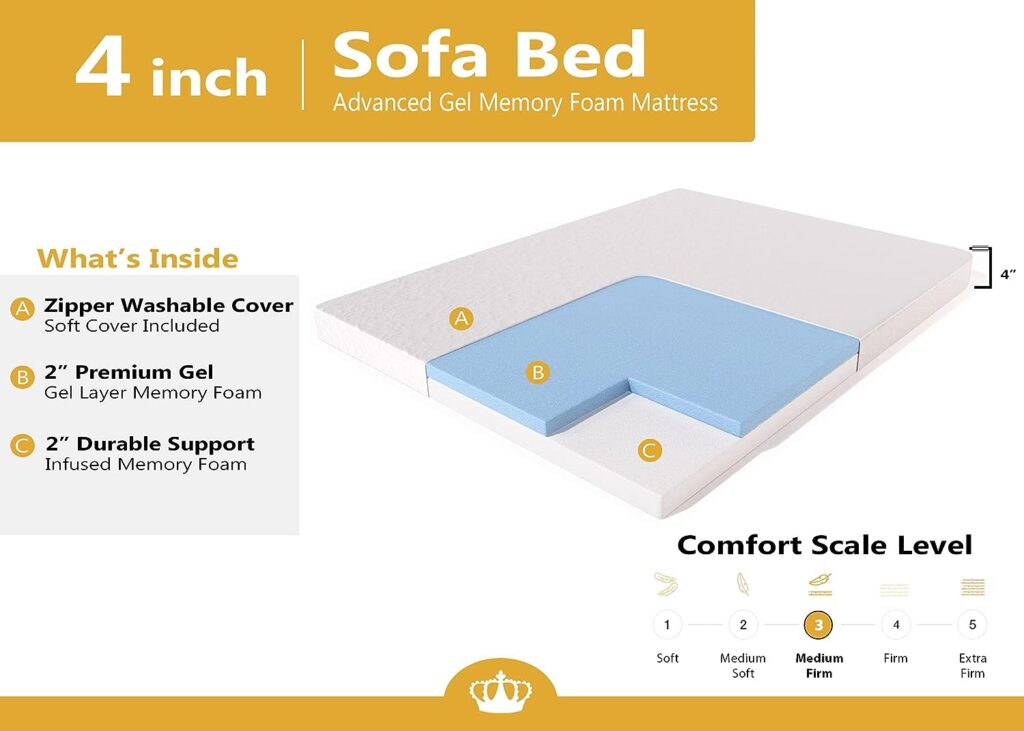 DynastyMattress 4-inch Cool Gel Memory Foam Mattress Sleeper for Convertible Folding Sofa Couch Beds Queen Size Sofa Not Included