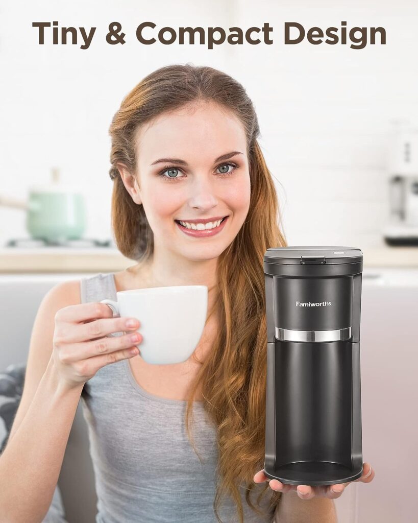 Famiworths Mini Coffee Maker Single Serve, Instant Coffee Maker One Cup for K Cup  Ground Coffee, 6 to 12 Oz Brew Sizes, Capsule Coffee Machine with Water Window and Descaling Reminder, Black