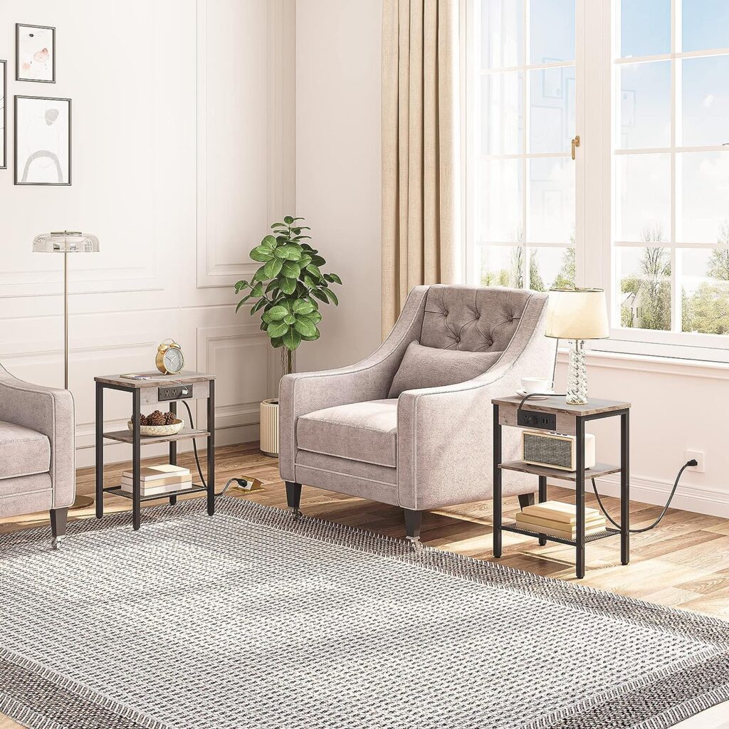 HOOBRO End Table Set of 2 with Charging Station and USB Ports, 3-Tier Nightstand with Adjustable Shelves, Narrow Side Table for Small Space in Living Room, Bedroom, Greige and Black BG112BZP201