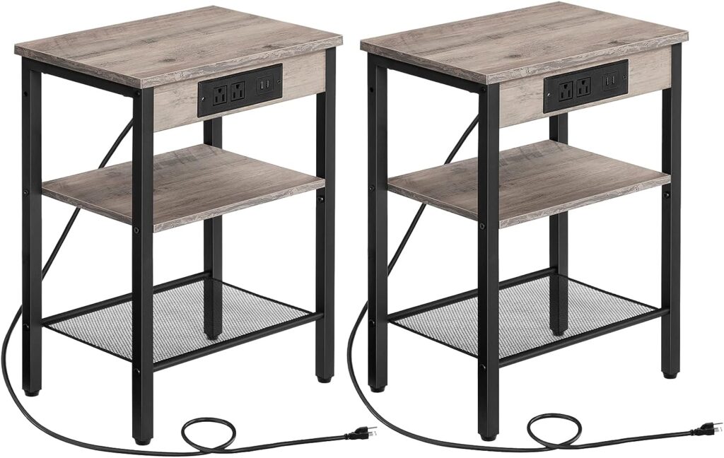 HOOBRO End Table Set of 2 with Charging Station and USB Ports, 3-Tier Nightstand with Adjustable Shelves, Narrow Side Table for Small Space in Living Room, Bedroom, Greige and Black BG112BZP201