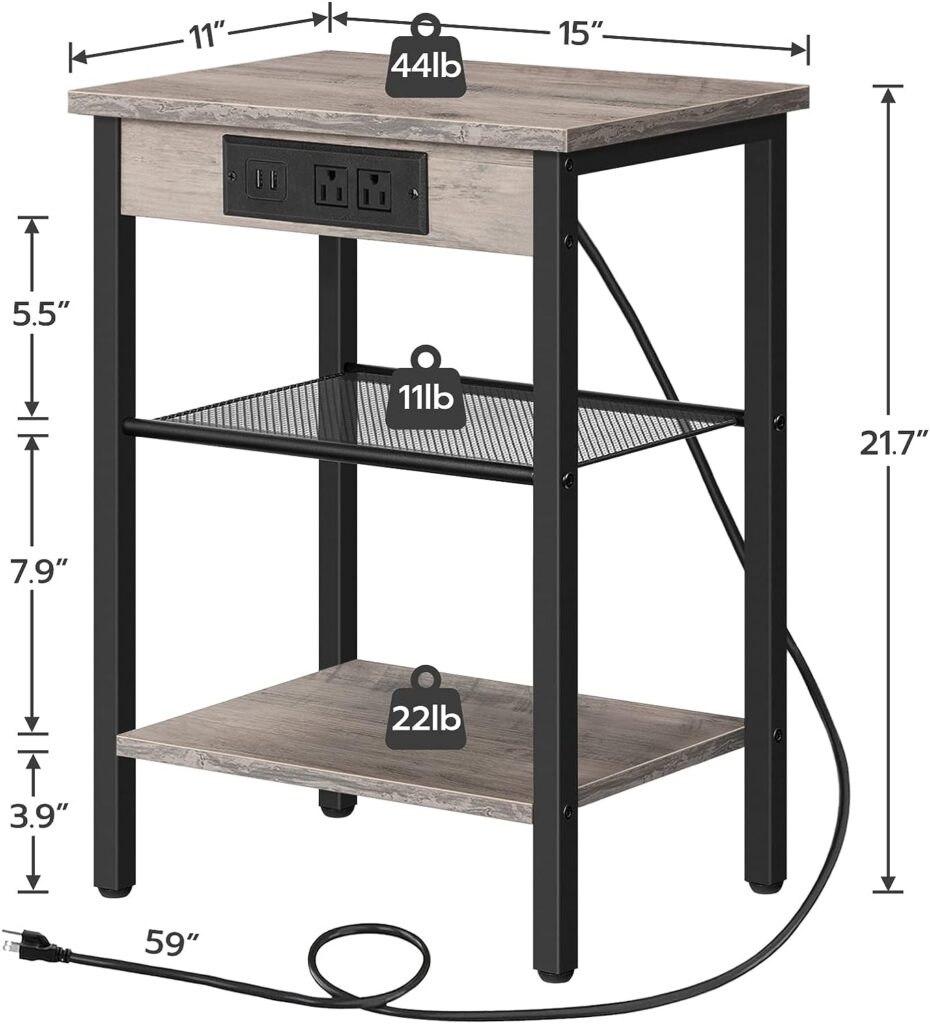 HOOBRO End Table Set of 2 with Charging Station and USB Ports, 3-Tier Nightstand with Adjustable Shelves, Narrow Side Table for Small Space in Living Room, Bedroom, Greige and Black BG112BZP201