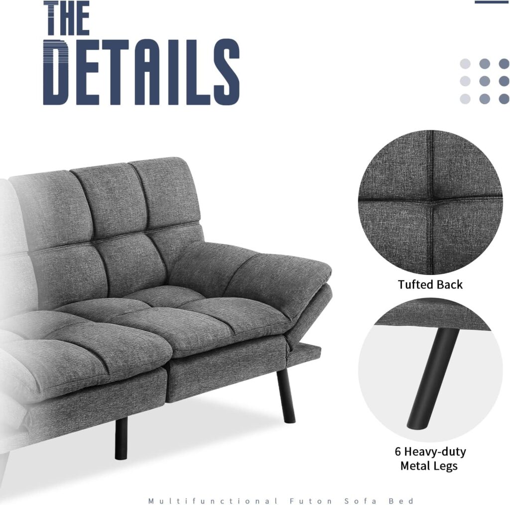 IULULU Sofa Bed, Modern Convertible Futon Sleeper Couch Daybed with Adjustable Armrests for Studio, Apartment, Office, Small Space, Compact Living Room, Grey