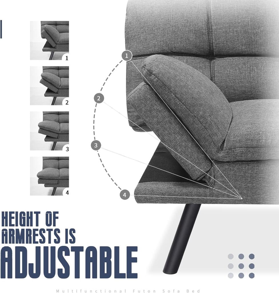 IULULU Sofa Bed, Modern Convertible Futon Sleeper Couch Daybed with Adjustable Armrests for Studio, Apartment, Office, Small Space, Compact Living Room, Grey