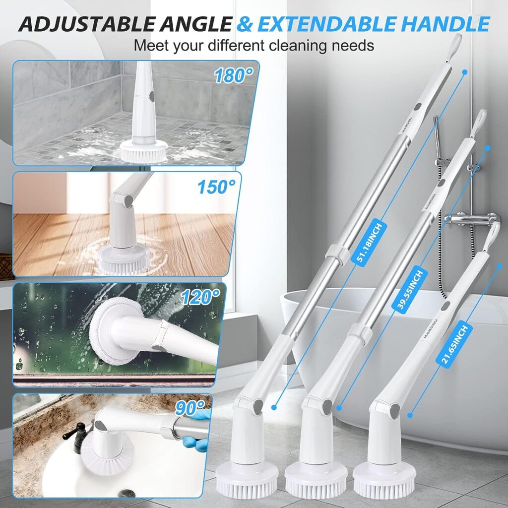 MABOGU Electric Spin Scrubber, Cordless Shower Scrubber with 8 Replaceable Brush Heads, Bathroom Scrubber Dual Speeds, Shower Cleaning Brush with Extension Arm for Bathroom Tub Tile Floor(GreyWhite)