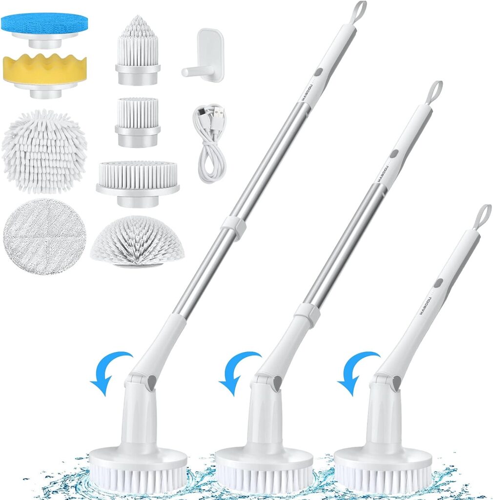 MABOGU Electric Spin Scrubber, Cordless Shower Scrubber with 8 Replaceable Brush Heads, Bathroom Scrubber Dual Speeds, Shower Cleaning Brush with Extension Arm for Bathroom Tub Tile Floor(GreyWhite)