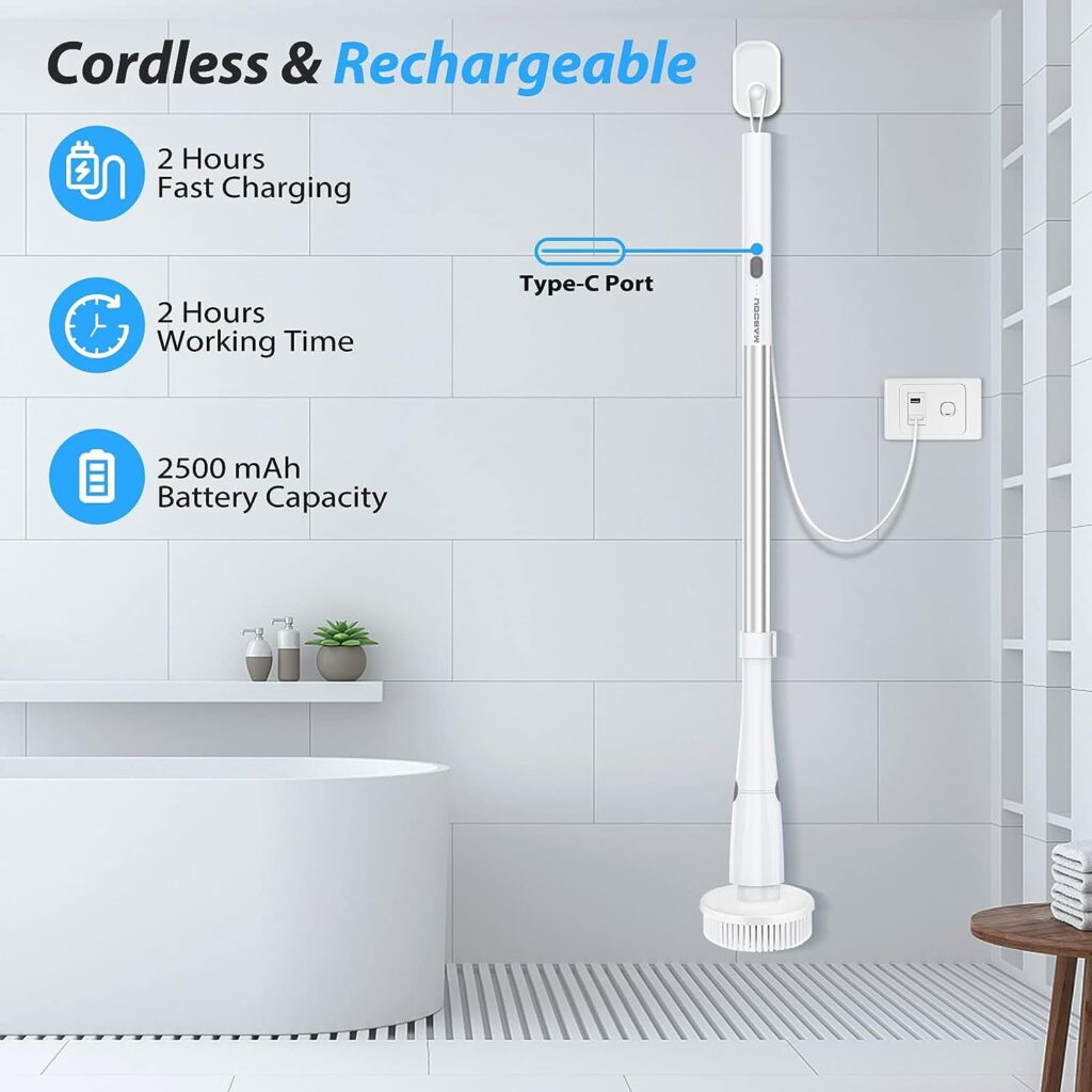 MABOGU Electric Spin Scrubber, Cordless Shower Scrubber with 8 Replaceable Brush Heads, Bathroom Scrubber Dual Speeds, Shower Cleaning Brush with Extension Arm for Bathroom Tub Tile Floor(GreyWhite)