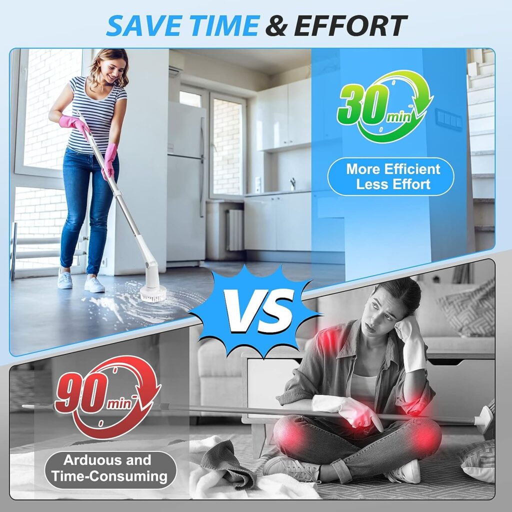 MABOGU Electric Spin Scrubber, Cordless Shower Scrubber with 8 Replaceable Brush Heads, Bathroom Scrubber Dual Speeds, Shower Cleaning Brush with Extension Arm for Bathroom Tub Tile Floor(GreyWhite)