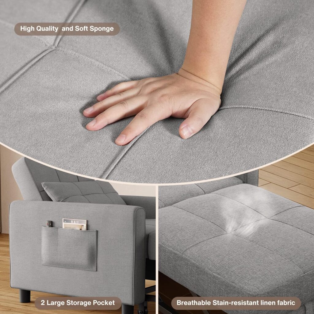 Noelse Sleeper Sofa Chair Bed, Convertible Sofa Chair 3-in-1, Adjustable Sleeper Chair Pullout Sofa Bed with Modern Linen Fabric for Living Room Apartment Small Space, Grey