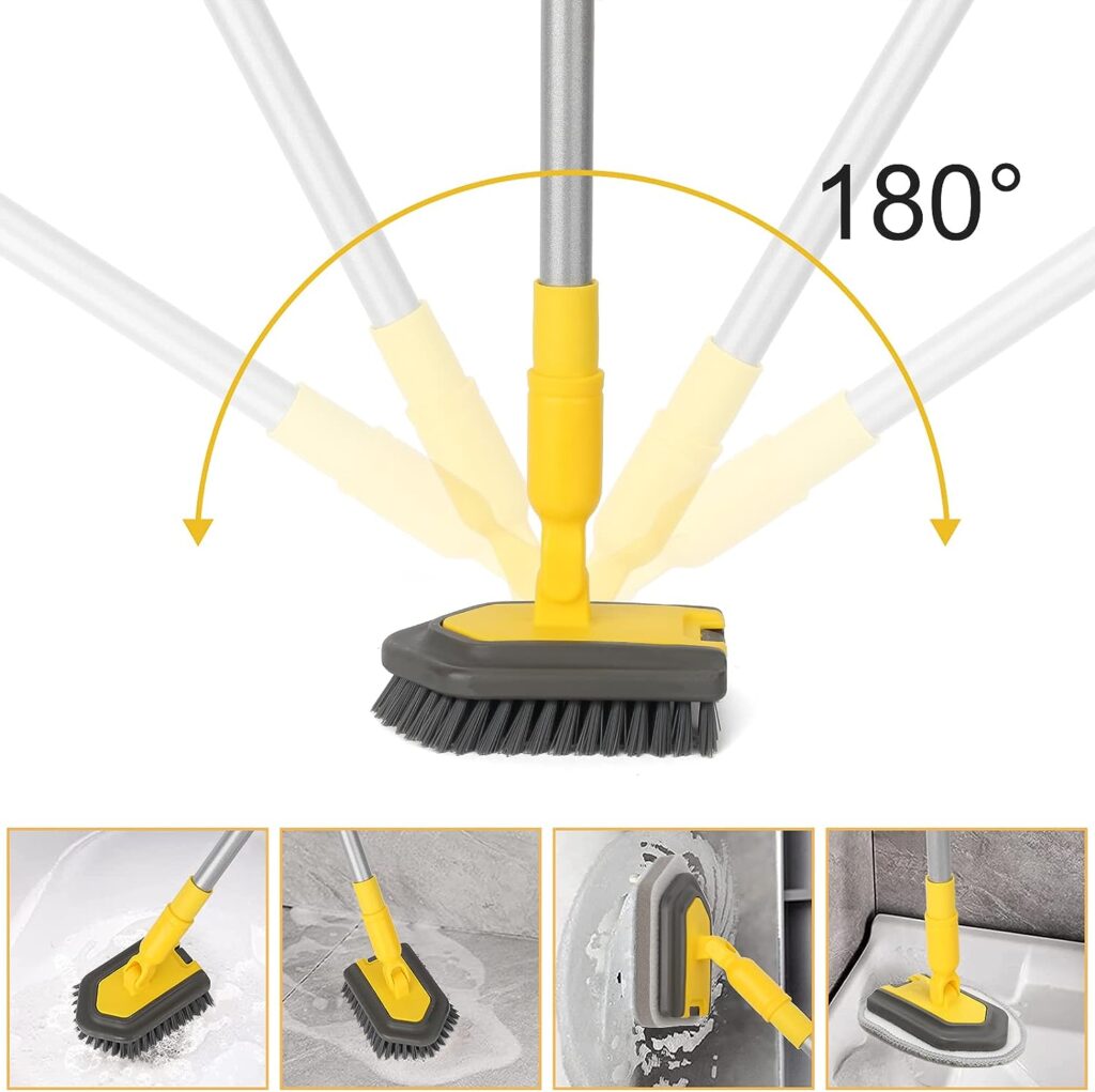 Shower Scrubber for Cleaning, 3 in 1 Tub Cleaner Brush with Extendable Long Handle 58, Scrub Brush for Shower Bathtub Bathroom Kitchen Wall Tub Tile Sink, Yellow