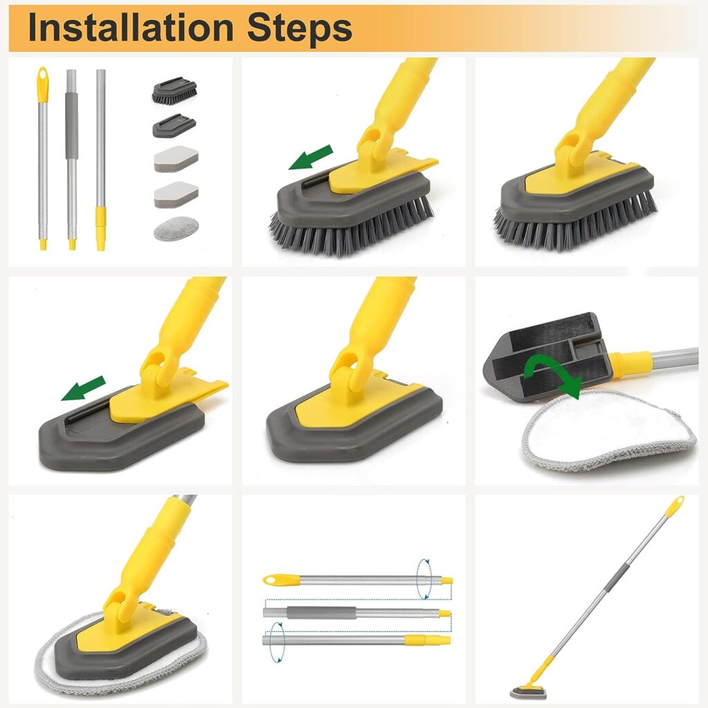 Shower Scrubber for Cleaning, 3 in 1 Tub Cleaner Brush with Extendable Long Handle 58, Scrub Brush for Shower Bathtub Bathroom Kitchen Wall Tub Tile Sink, Yellow