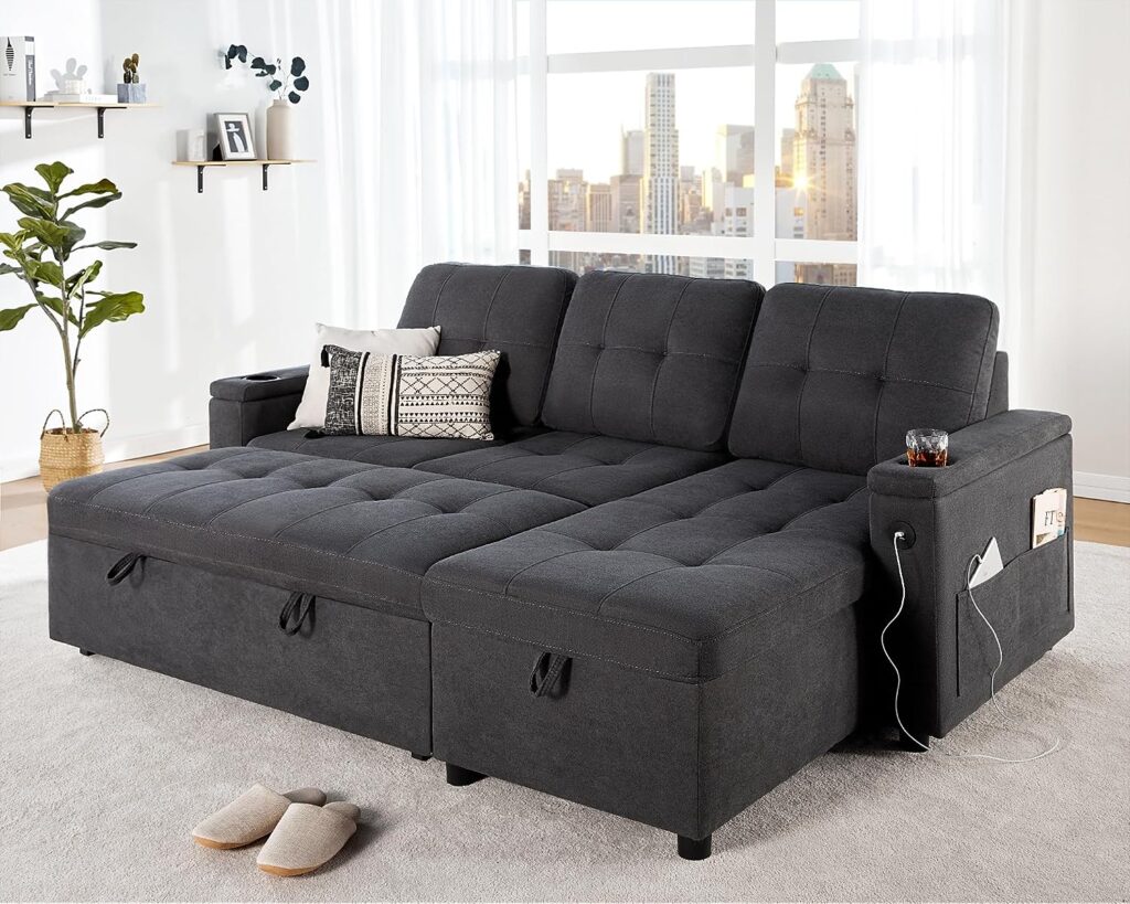 VanAcc Sleeper Sofa, Modern Tufted Convertible Sofa Bed, USB Charging Ports  Cup Holders, L Shaped Sofa Couch with Storage Chaise, Chenille Couches for Living Room (Dark Grey)