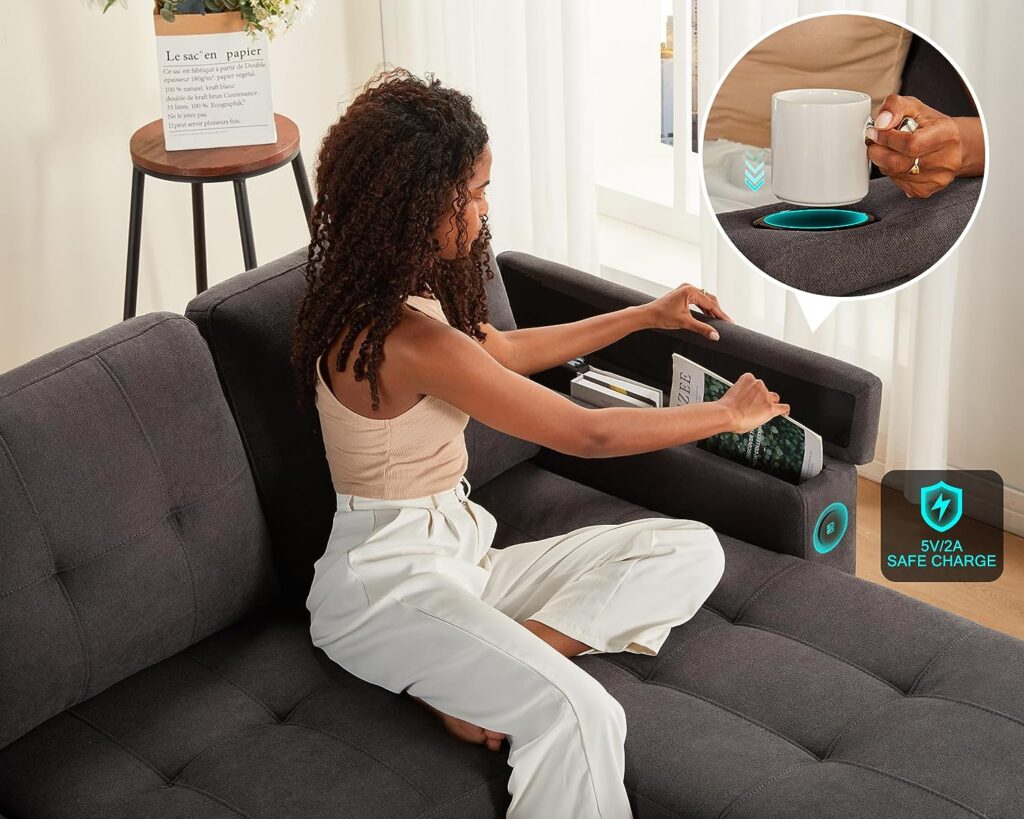 VanAcc Sleeper Sofa, Modern Tufted Convertible Sofa Bed, USB Charging Ports  Cup Holders, L Shaped Sofa Couch with Storage Chaise, Chenille Couches for Living Room (Dark Grey)