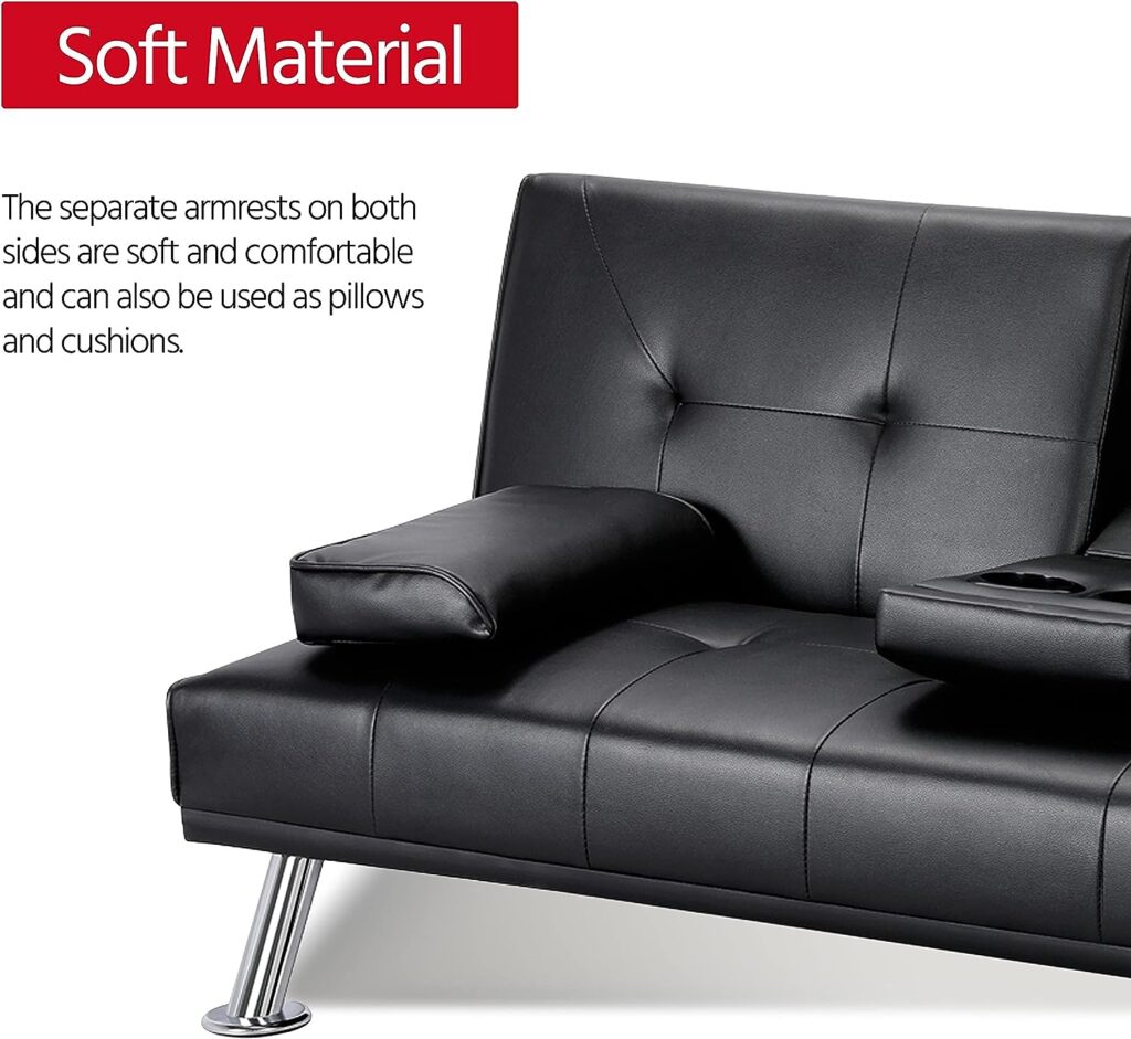 Yaheetech Convertible Sofa Bed Adjustable Couch Sleeper Modern Faux Leather Home Recliner Reversible Loveseat Folding Daybed Guest Bed, Removable Armrests, Cup Holders, 3 Angles, 772lb Capacity, Black