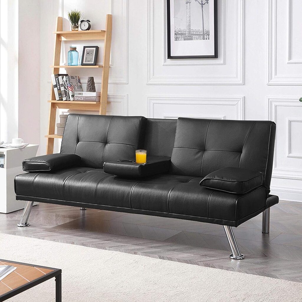 Yaheetech Convertible Sofa Bed Adjustable Couch Sleeper Modern Faux Leather Home Recliner Reversible Loveseat Folding Daybed Guest Bed, Removable Armrests, Cup Holders, 3 Angles, 772lb Capacity, Black