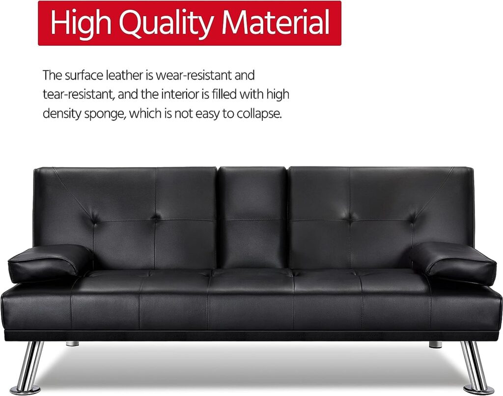 Yaheetech Convertible Sofa Bed Adjustable Couch Sleeper Modern Faux Leather Home Recliner Reversible Loveseat Folding Daybed Guest Bed, Removable Armrests, Cup Holders, 3 Angles, 772lb Capacity, Black