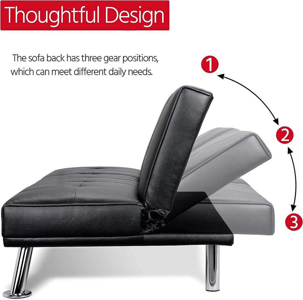 Yaheetech Convertible Sofa Bed Adjustable Couch Sleeper Modern Faux Leather Home Recliner Reversible Loveseat Folding Daybed Guest Bed, Removable Armrests, Cup Holders, 3 Angles, 772lb Capacity, Black